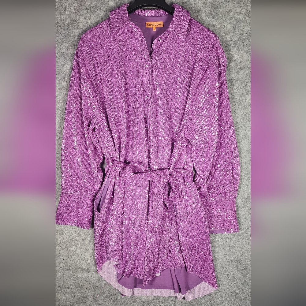 Stine Goya Purple Long Sleeve Buttoned Sequin Dress With Pockets Size Medium